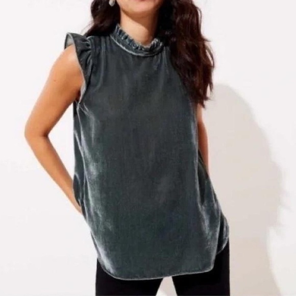 LOFT Tops - LOFT Green / Sage Velvet Ruffle Top